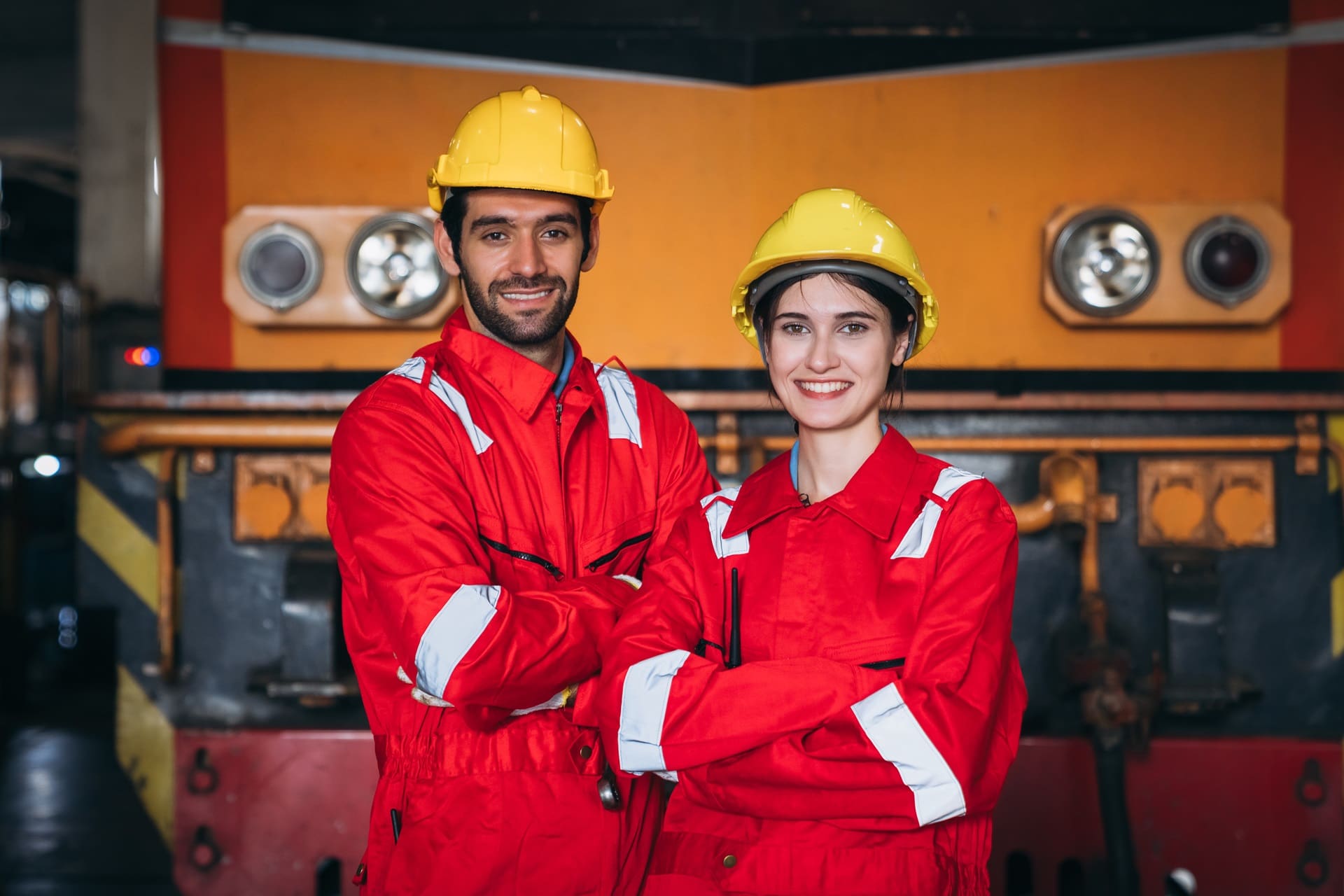 Two people in red coveralls and yellow hard hats stand in front of a train, smiling with arms crossed.