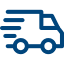 Icon of a delivery truck with speed lines, indicating fast movement, shown in blue.