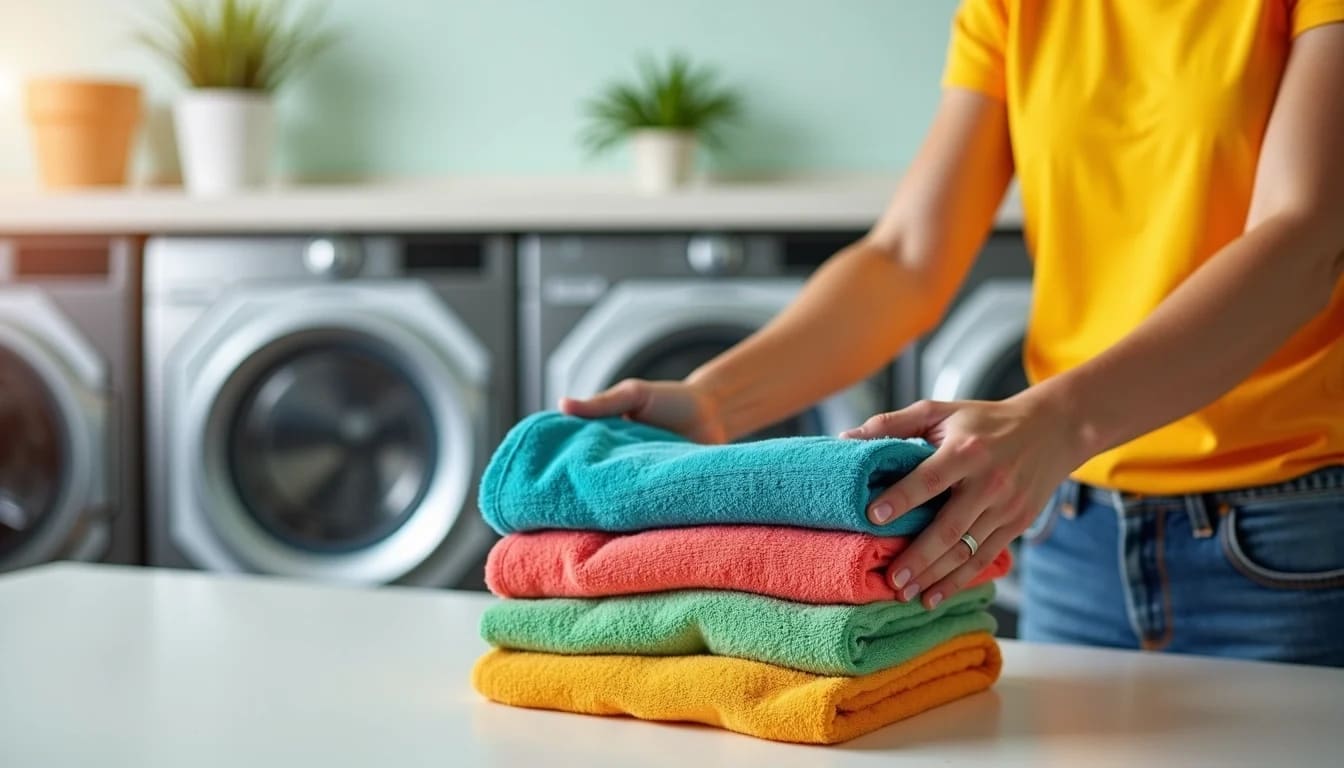 A person folding a stack of colorful towels on a white surface, with washing machines and potted plants in the background.