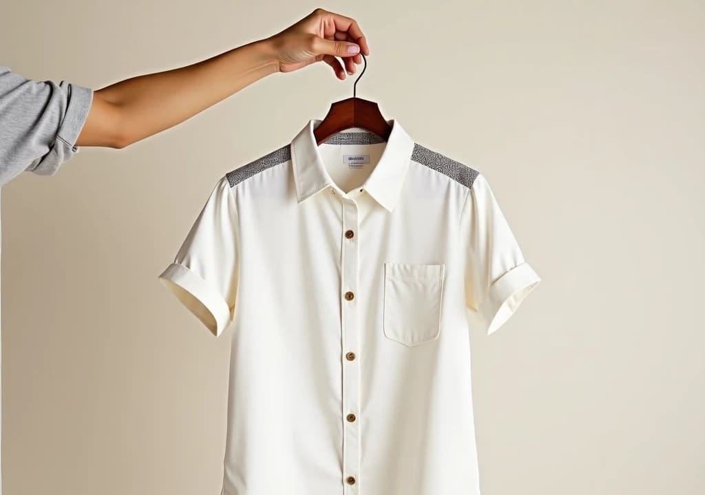 A person holds a hanger with a short-sleeved cream-colored button-up shirt featuring a front pocket and contrasting gray shoulder panels.