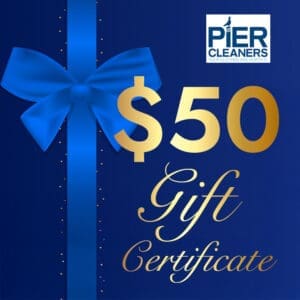 The $50 Gift Certificate features gold text on a blue background, accented with a blue ribbon and bow.