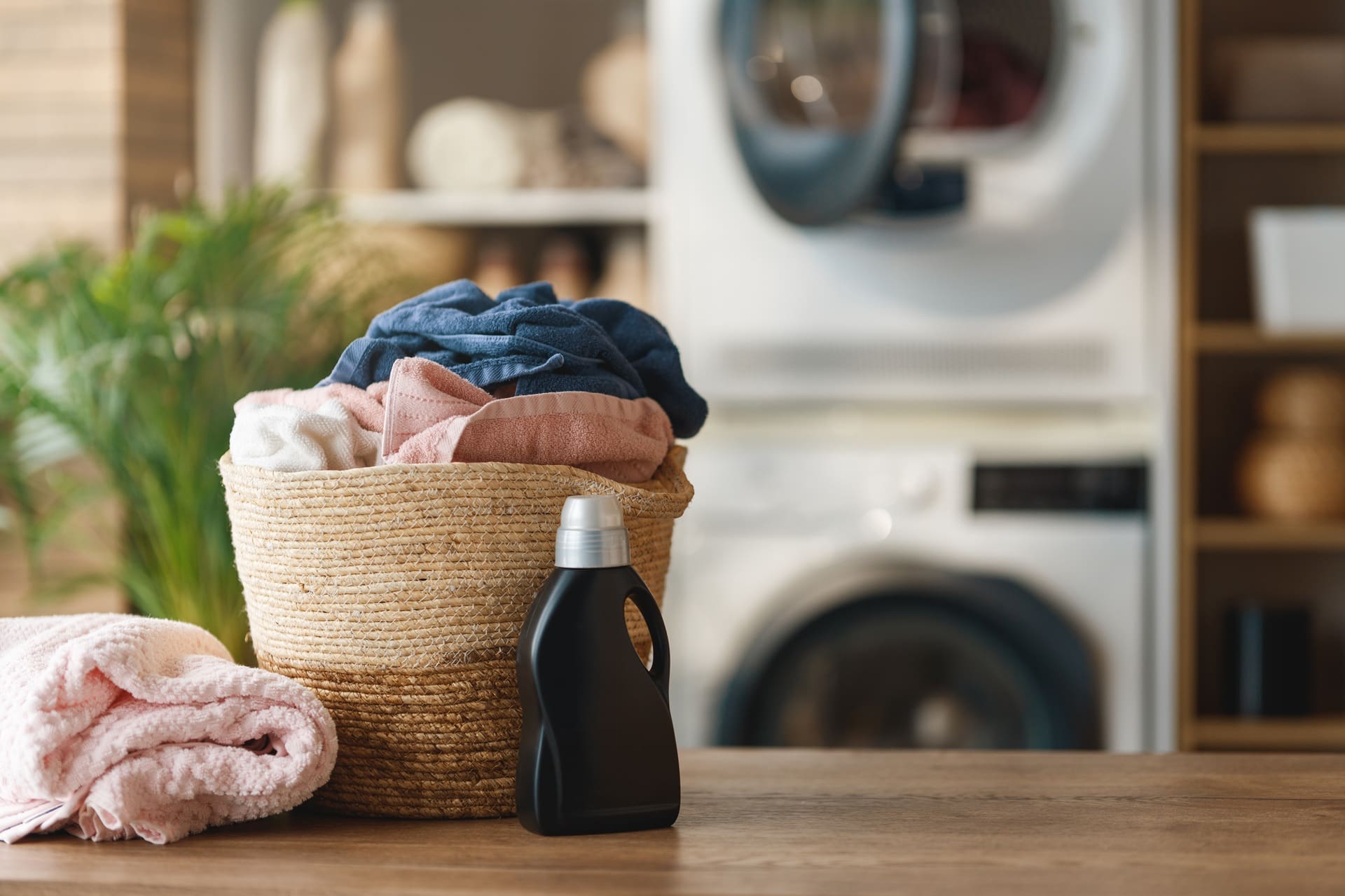 A wicker basket filled with folded laundry, a detergent bottle, and a pink towel are on a wooden table in front of a washing machine and dryer.
